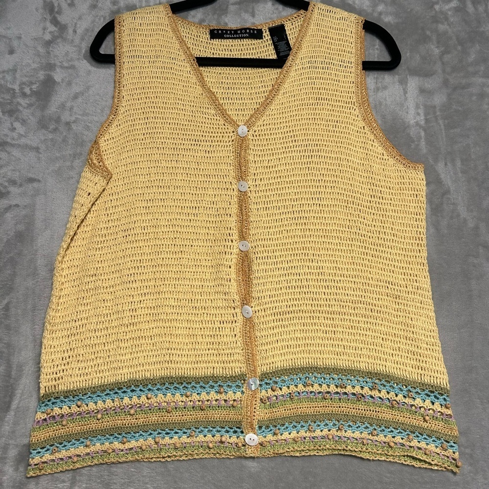 Crochet Sweater Vest Women’s Large Yellow Beaded Ramie Blend Crazy Horse